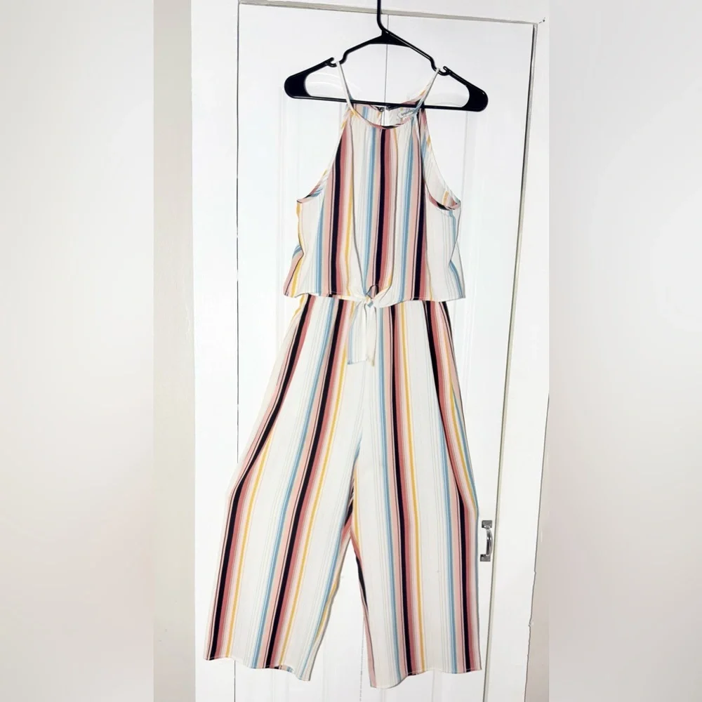 Speechless Romper Jumpsuit Size M Striped Halter Tie Front Wide Leg Boho - Picture 3 of 8
